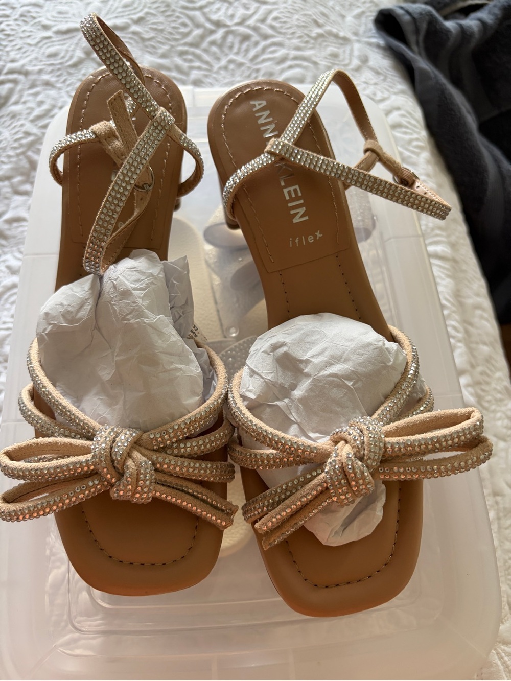 Anne Klein Nude Crystal Bowstrappy Sandals